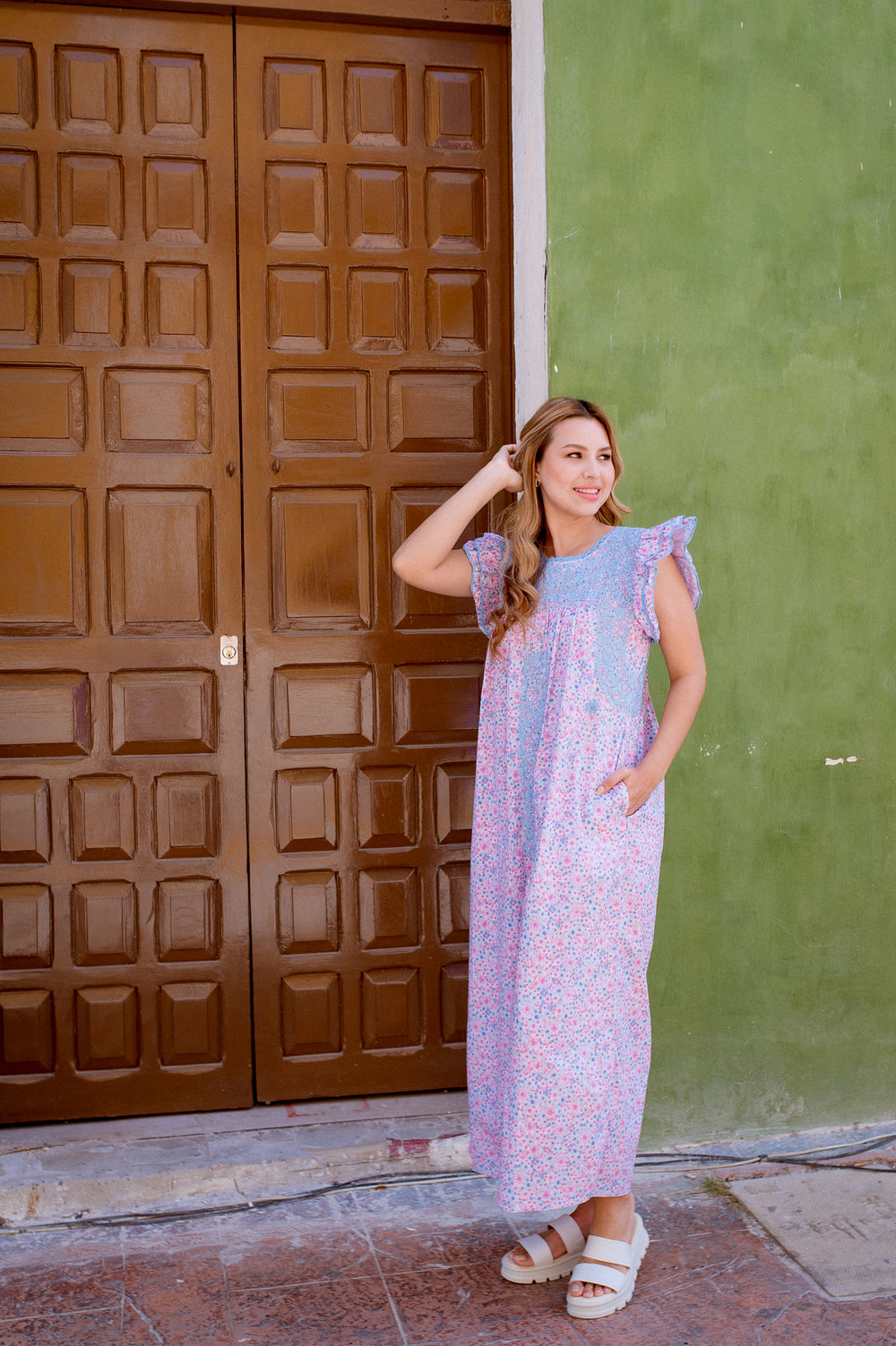Mariana | Floral Maxi Cotton Dress with Blue  Embroidery