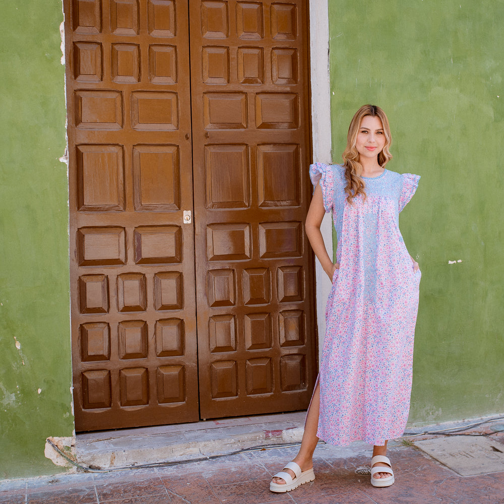 
                  
                    Mariana | Floral Maxi Cotton Dress with Blue  Embroidery
                  
                