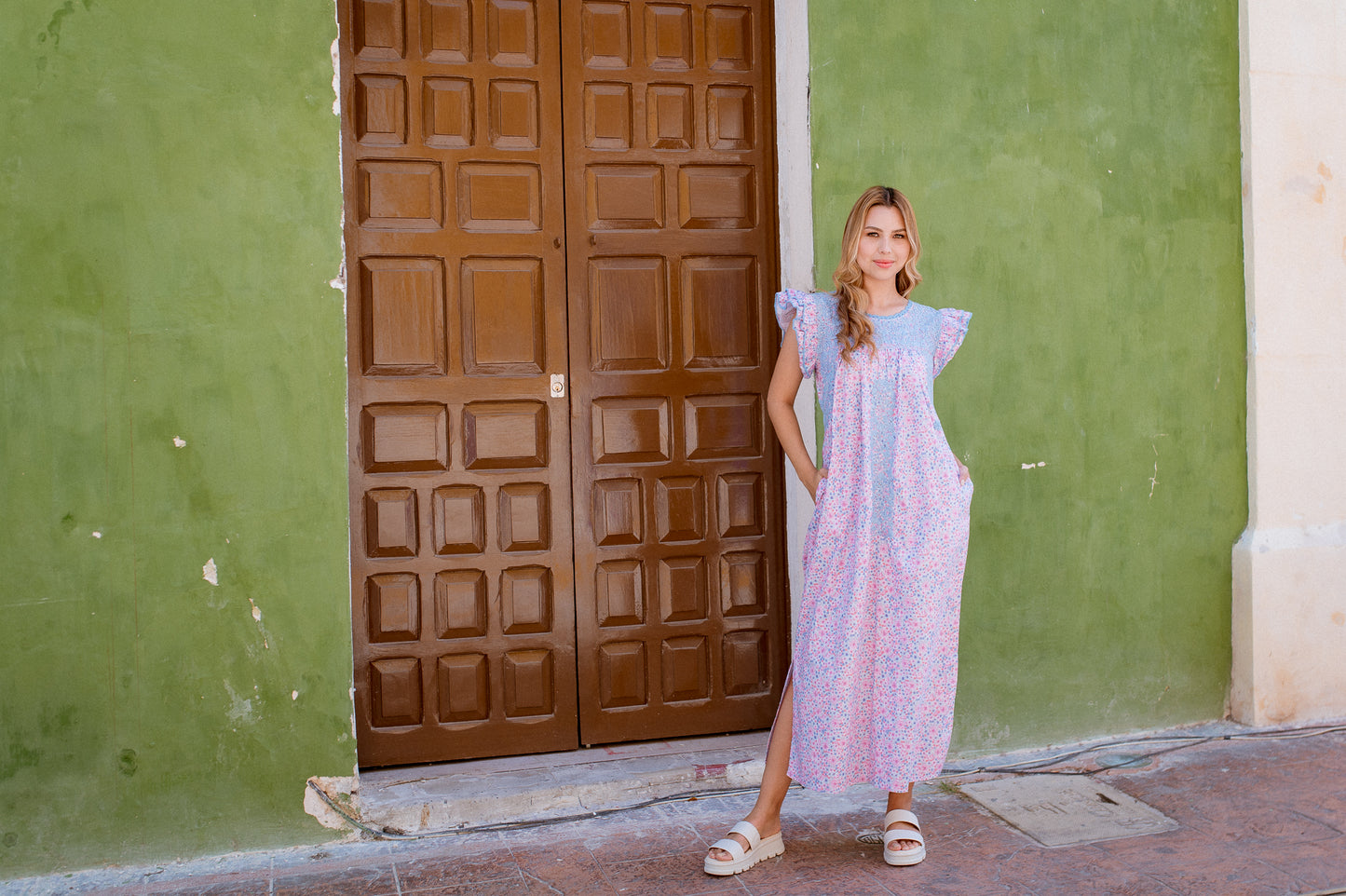 
                  
                    Mariana | Floral Maxi Cotton Dress with Blue  Embroidery
                  
                