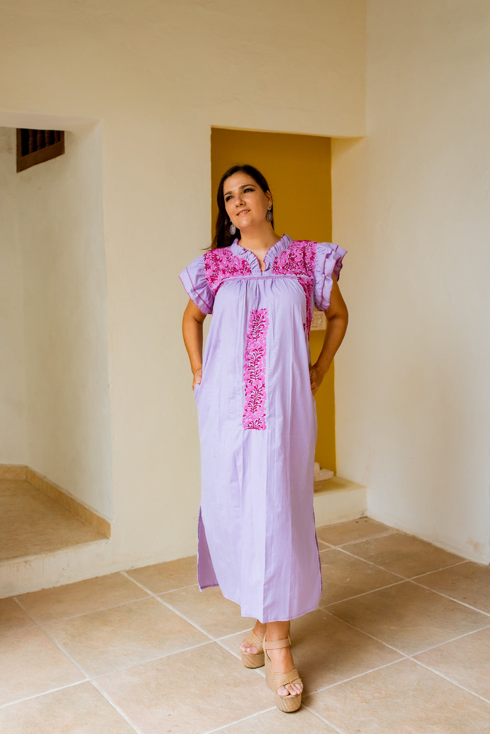 Mariana | Purple Rose Maxi Dress with Berry and Pink Embroidery