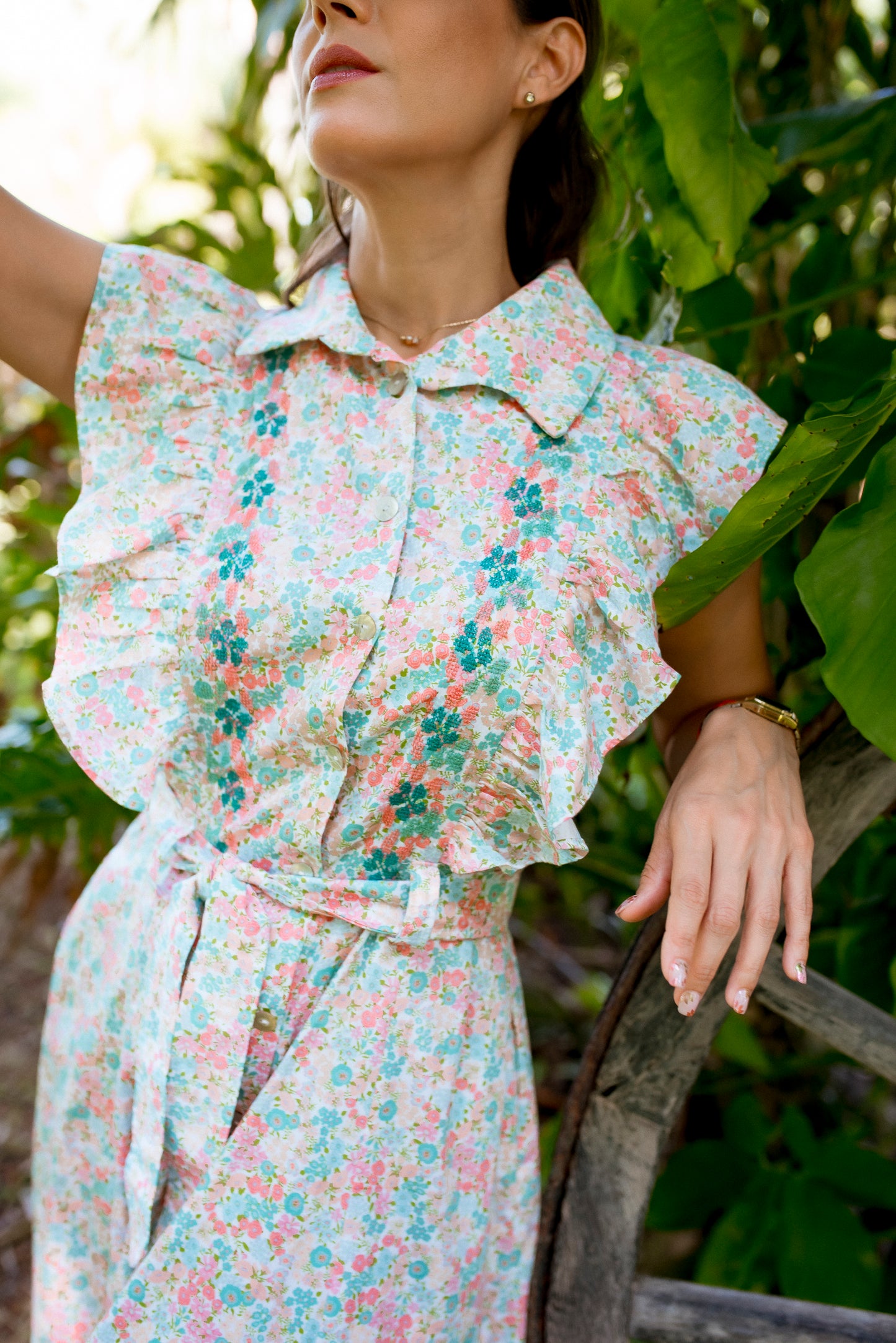 
                  
                    Diana Dress | Flower Print with turquoise Cross Stitch
                  
                