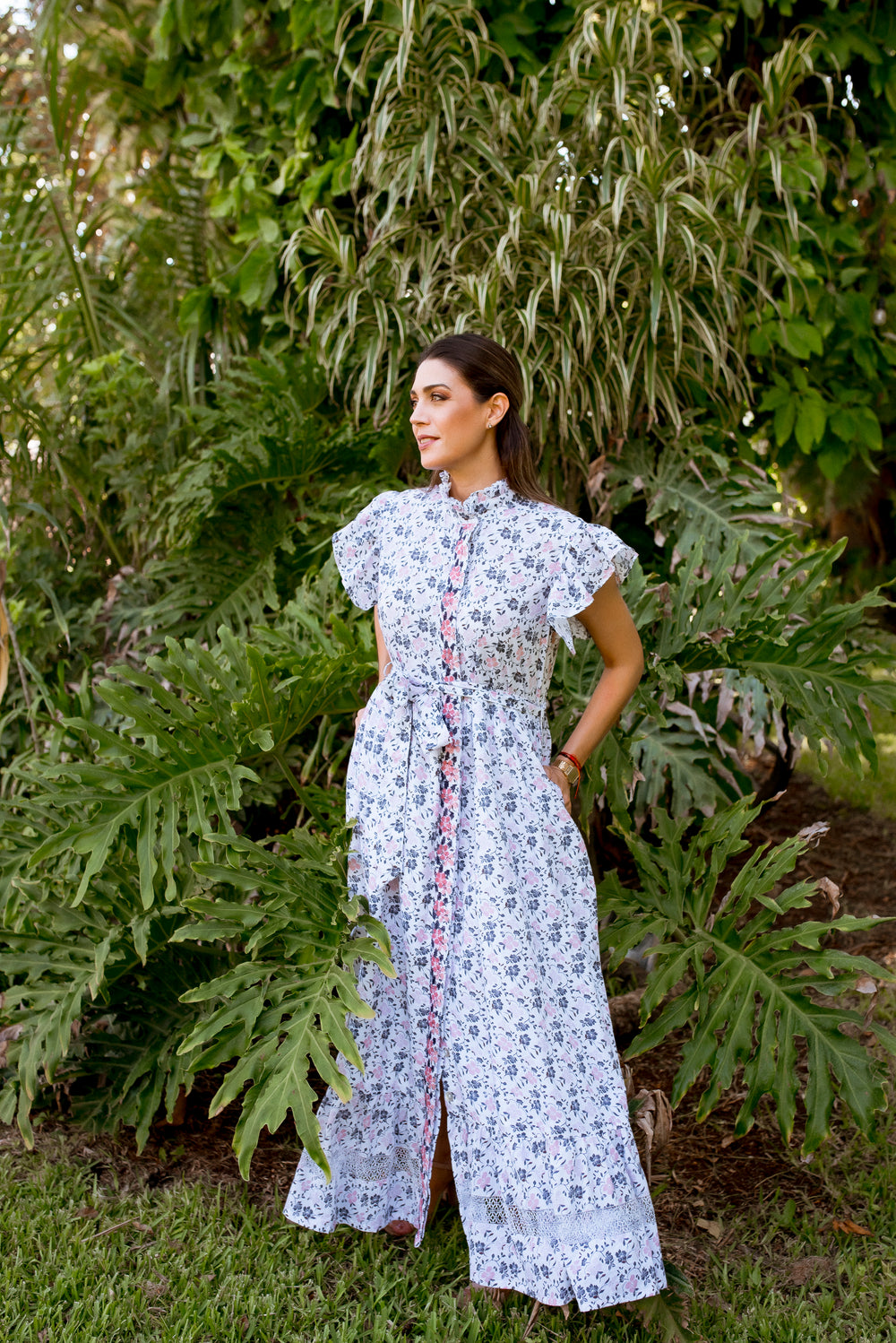 Elsi Deshilado and Cross stitch Dress | Floral with coral and blue