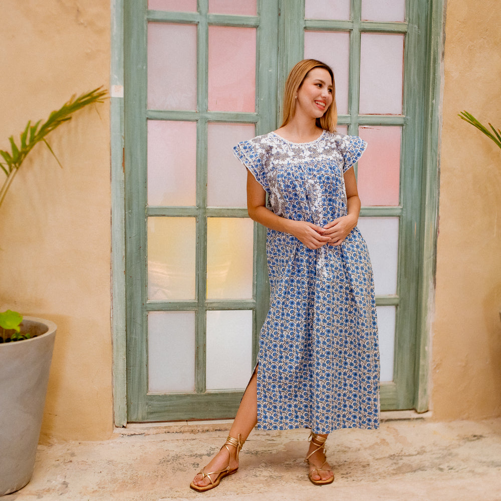 Mariana Floral Maxi Cotton Dress with White and Gray Embroidery