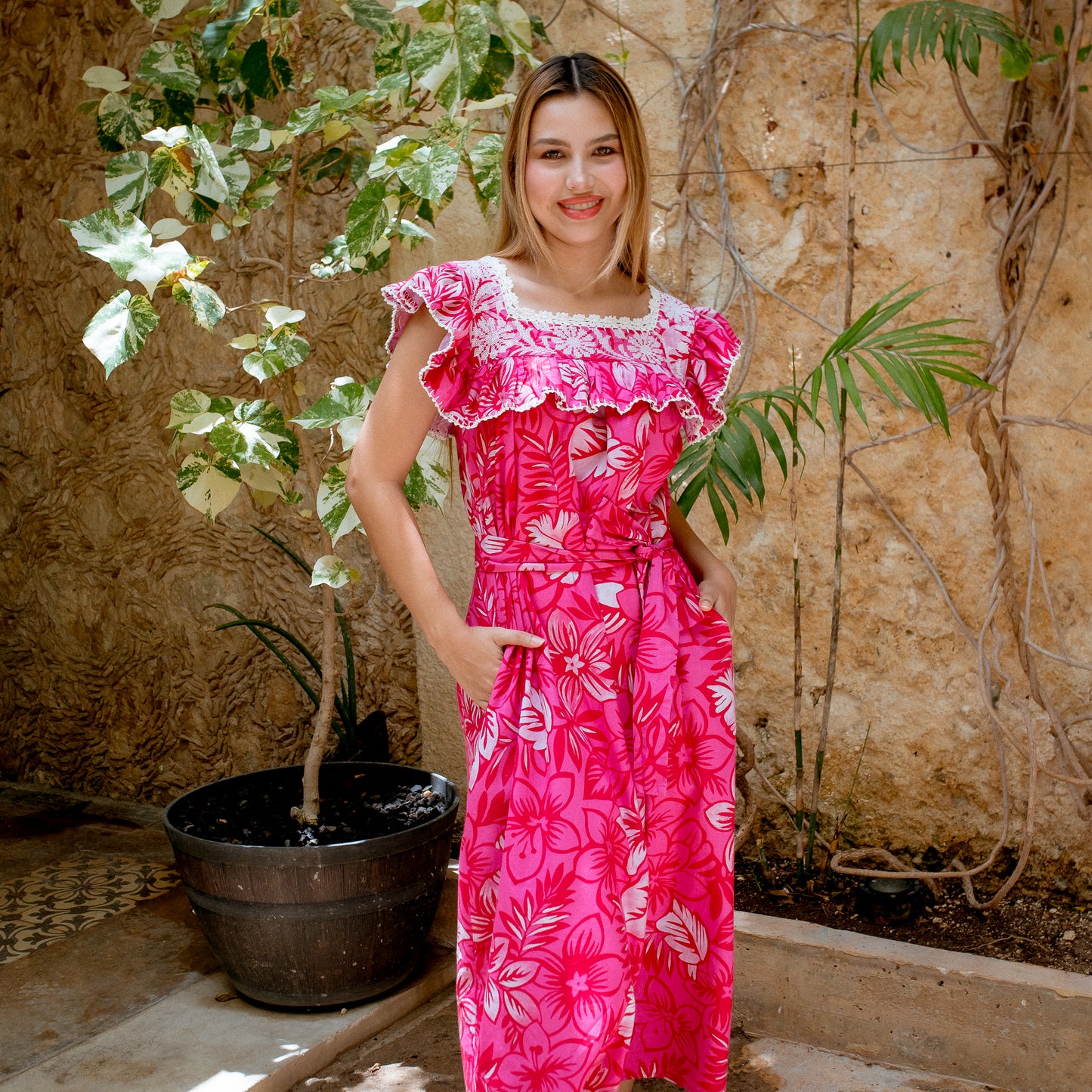 
                  
                    Viviana Dress | Pink with White Cross- Stitch Embroidery
                  
                