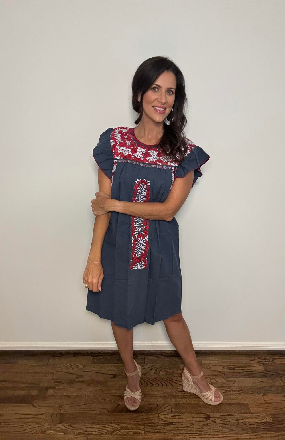 Sara Texas Dress | Navy Blue with Red and White