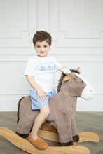 Load image into Gallery viewer, Boy&#39;s Marguerite Cross Stitch Bunny Short Set | Gingham Blue
