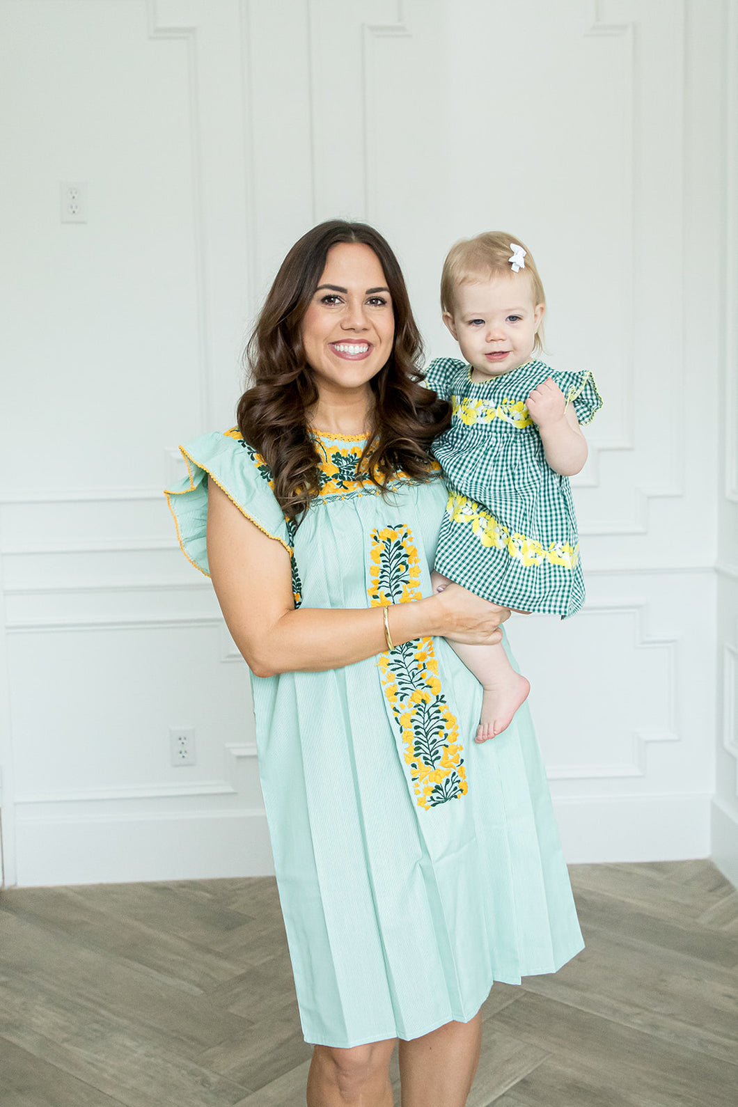 Sara Dress | Green and White Stripes with Yellow Gold & Green
