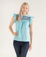 Load image into Gallery viewer, Ana Deshilado Top | Ruffle Sleeve Double Split Row in Blue or White *Final Sale*
