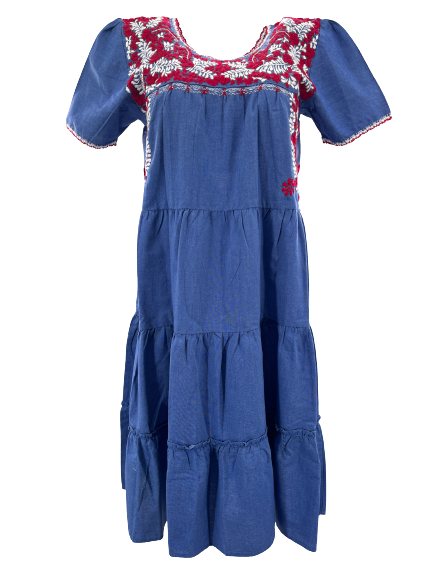 Gabriela Dress | Light Blue with Red & White