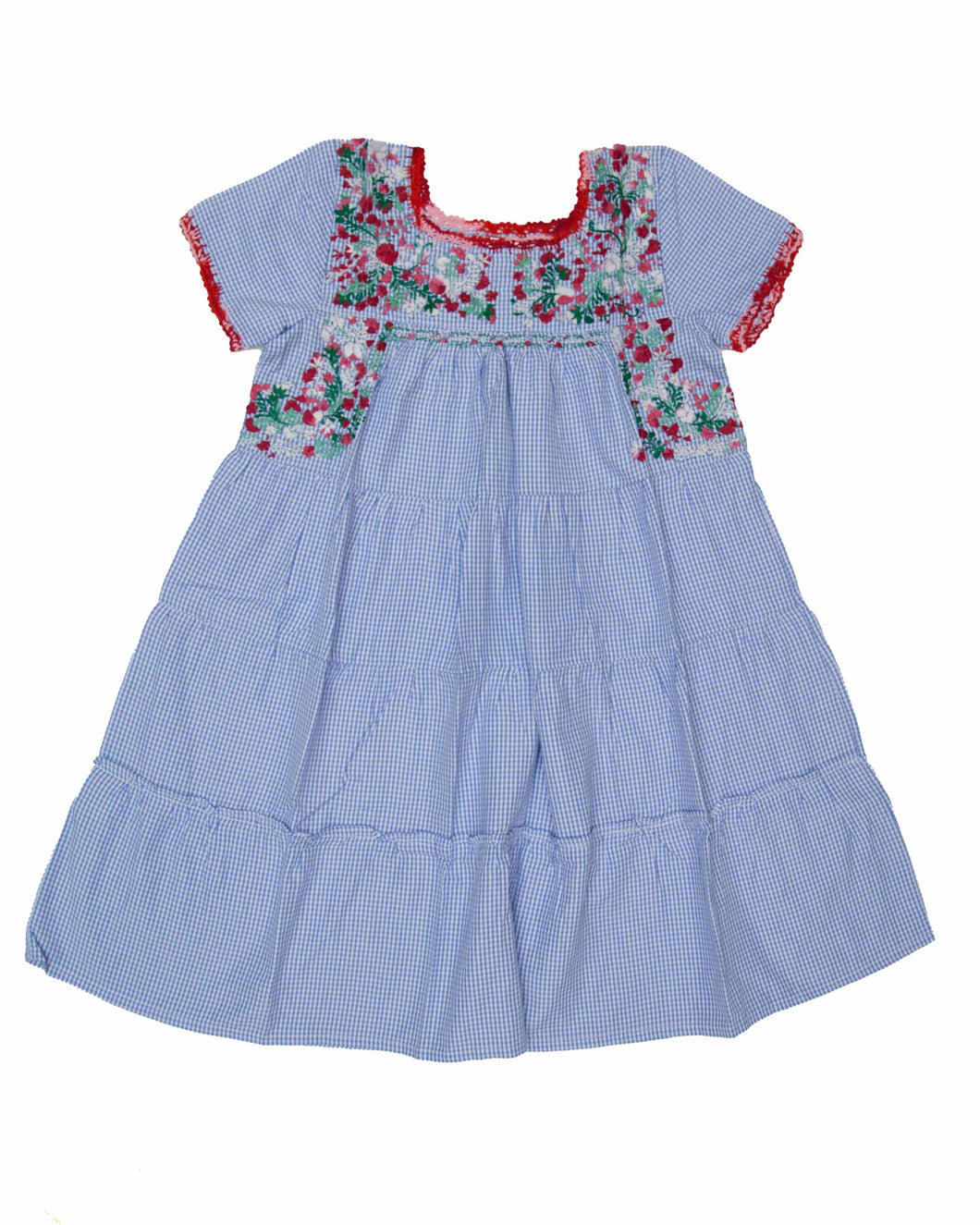 Girls Gabriela Dress | Blue Gingham with Red Ombre