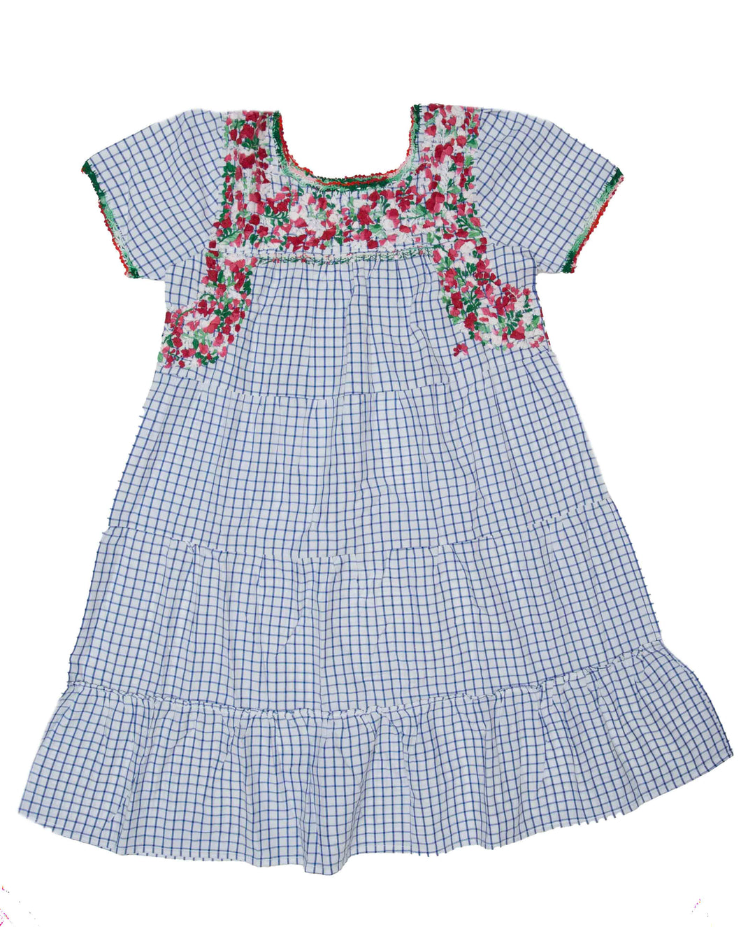 Girls Gabriela Dress | Blue Checker with Red & Pink Ombre