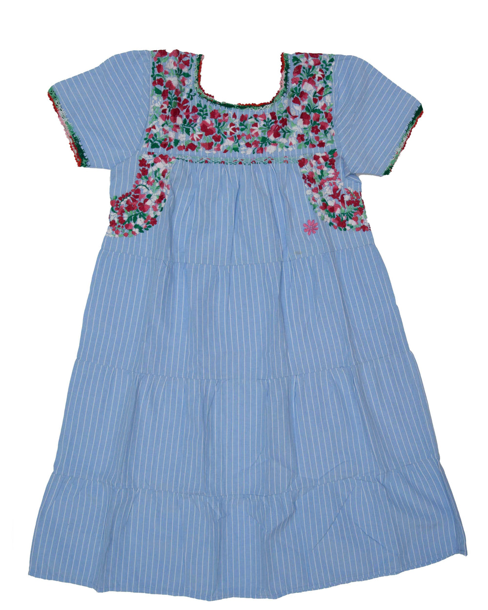 Girls Gabriela Dress | Blue & White Stripes with Red Ombre