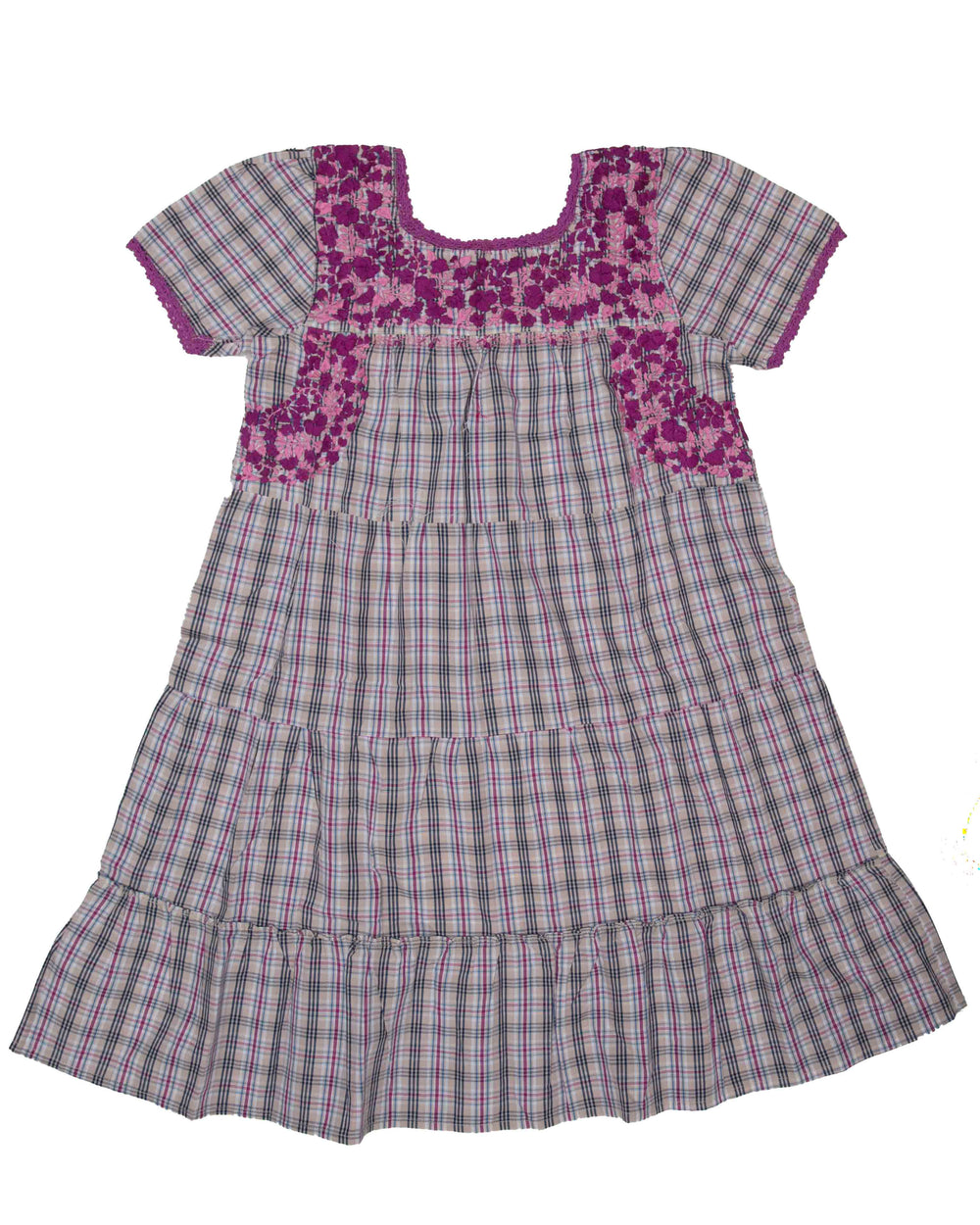 Girls Gabriela Dress | Tan Plaid with Purple & Pink