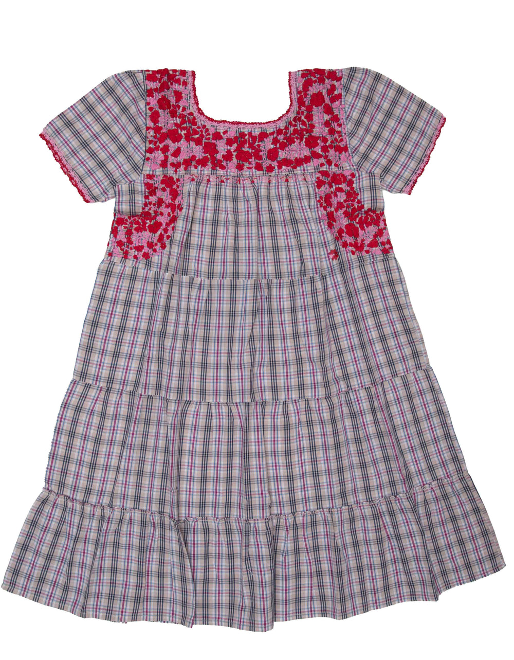 Girls Gabriela Dress | Tan Plaid with Red & Pink