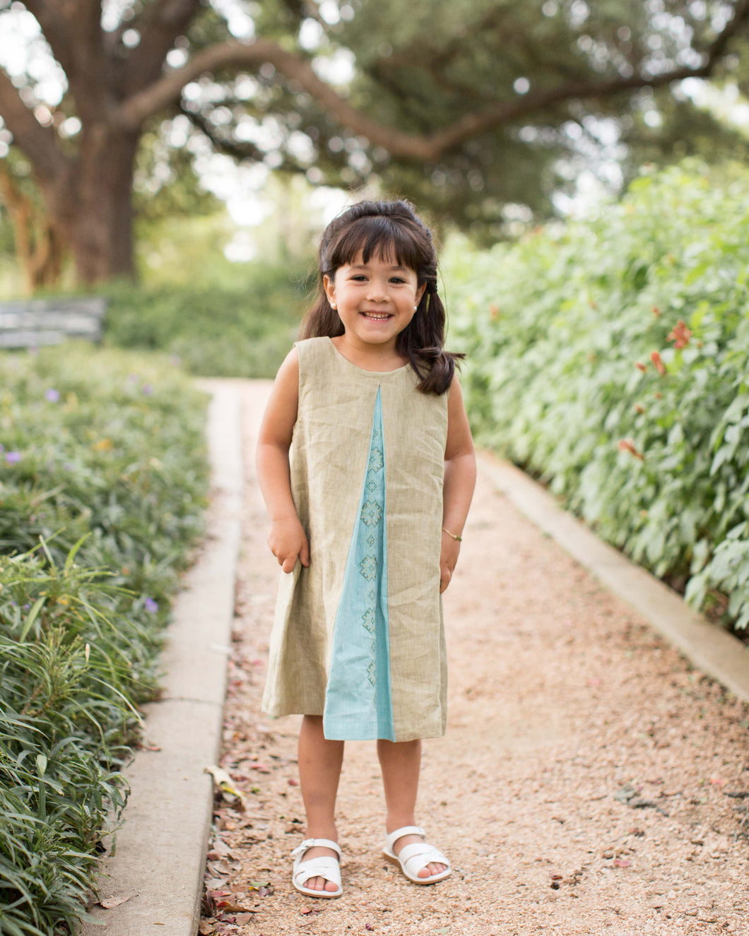 Girls Linen Pleat Dress | Olive with Blue