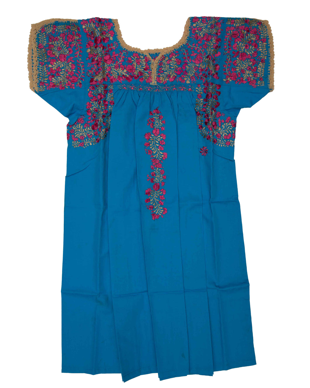 Girls Traditional Dress | Blue with Pink & Tan Silk