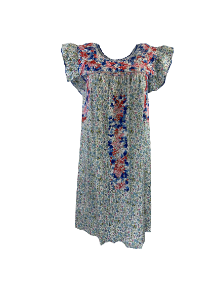 Sara Dress | Green Floral with Red & Blue Ombre