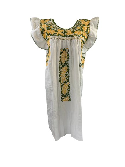Sara Dress | White Corduroy with Green & Yellow