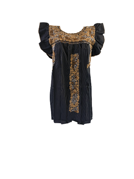 Sara Top | Thin Black & White Stripes with Gold Ombre